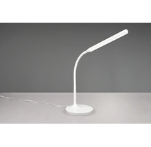 Lampă de birou LED albă cu gât flexibil și bază rotundă.