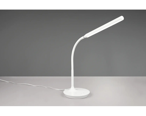 Lampă de birou LED albă cu gât flexibil și bază rotundă.