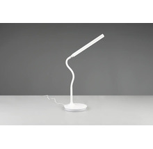 Lampă de birou LED albă cu gât flexibil și bază rotundă.