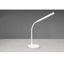 Lampă de birou LED albă cu braț flexibil și bază rotundă.