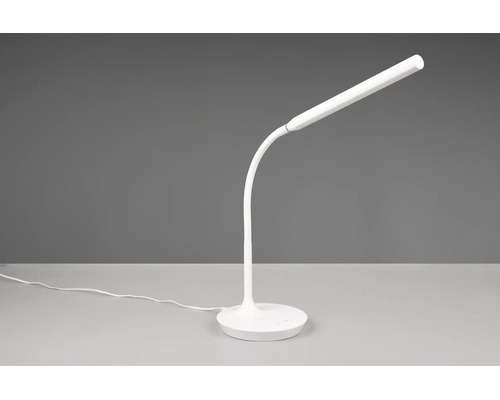 Lampă de birou LED albă cu braț flexibil și bază rotundă.