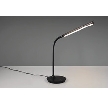 Lampă de birou LED neagră cu braț flexibil și bază rotundă.