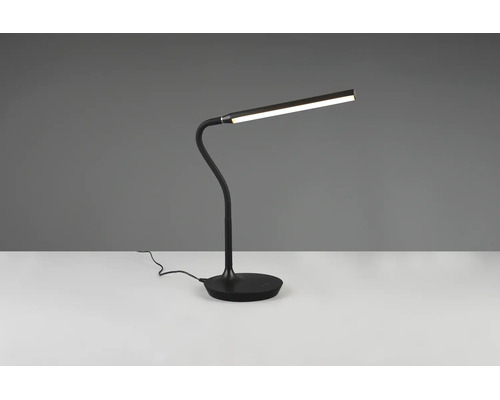 Lampă de birou cu LED, braț flexibil și bază rotundă de culoare neagră.