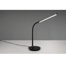Lampă de birou cu LED neagră cu braț flexibil și bază rotundă.
