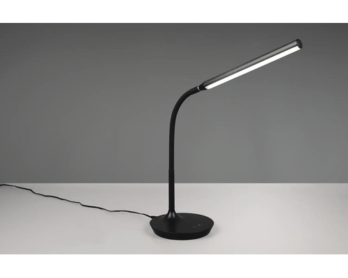Lampă de birou cu LED neagră cu braț flexibil și bază rotundă.