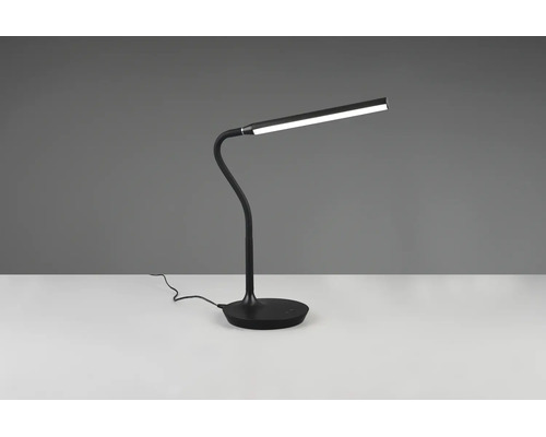Lampă de birou cu LED neagră cu braț flexibil și bază rotundă.