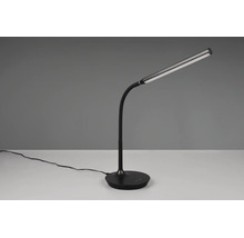 Lampă de birou LED neagră cu braț flexibil și bază rotundă.