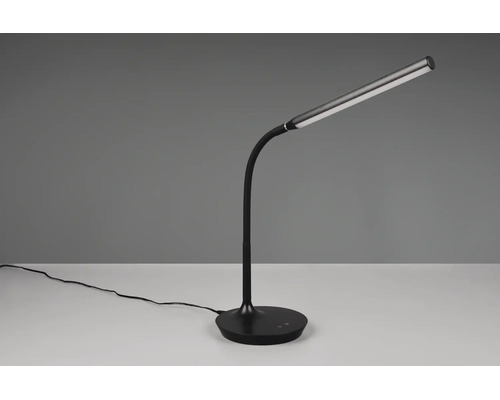 Lampă de birou LED neagră cu braț flexibil și bază rotundă.