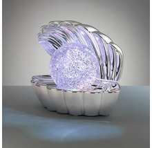 Lampă decorativă în formă de scoică cu aspect argintiu și o perlă cu sclipici luminoasă.