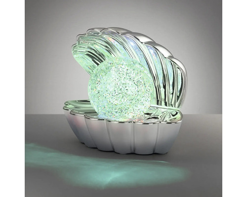 Lampă decorativă cu LED în formă de scoică cu bilă cu sclipici luminoasă, argintie.