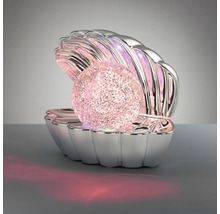 Lampă de masă decorativă în formă de scoică argintie cu o perlă strălucitoare iluminată.