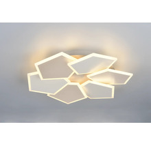 Plafonieră LED geometrică cu șase panouri luminoase suprapuse pentru lumină albă caldă.