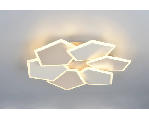 Plafonieră LED geometrică cu șase panouri luminoase suprapuse pentru lumină albă caldă.