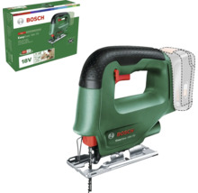 Ferăstrău pendular cu acumulator Bosch EasySaw 18 Volt 70 cu pânză de ferăstrău și ambalajul produsului.