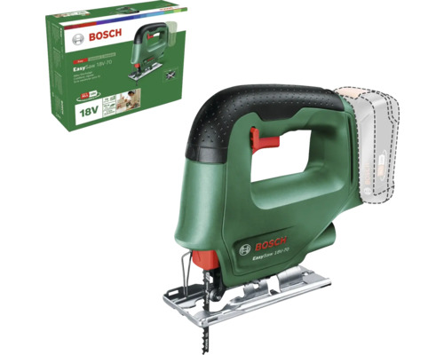 Ferăstrău pendular cu acumulator Bosch EasySaw 18 Volt 70 cu pânză de ferăstrău și ambalajul produsului.