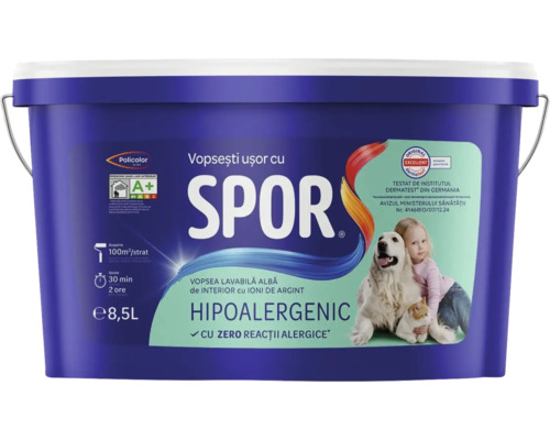 Vopsea lavabilă albă de interior SPOR de la Policolor Logo, 8,5 litri, hipoalergenică cu ioni de argint.