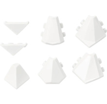 Conectori pentru colțuri și capace din plastic alb în diverse forme geometrice pentru sisteme de profile.