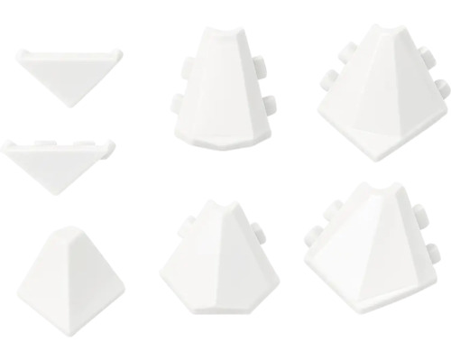 Conectori pentru colțuri și capace din plastic alb în diverse forme geometrice pentru sisteme de profile.