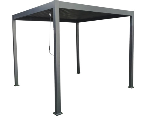 Pergola autoportantă din aluminiu antracit cu acoperiș din lamele și manivelă pentru reglare.