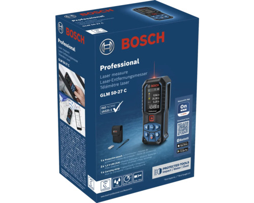 Telemetru cu laser Bosch Professional GLM 50-27 C în ambalaj cu Bluetooth, rază de 50 Meter, include husă de protecție și accesorii.