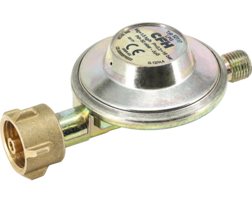 Regulator de presiune gaz CFH pentru gaz lichefiat cu 50 de milibari, construcție metalică cu racorduri filetate și conformitate europeană.