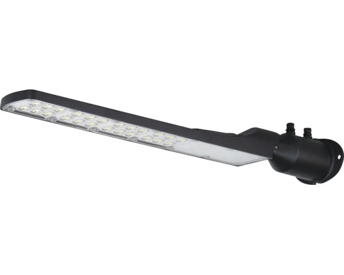 Lampă stradală cu LED, neagră, cu carcasă plată și mai multe LED-uri pentru iluminat exterior.