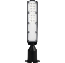 Lampă LED de exterior pentru alei, cu design subțire, element luminos dreptunghiular și soclu rotund din metal.