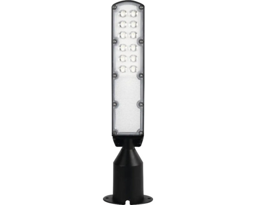 Lampă LED de exterior pentru alei, cu design subțire, element luminos dreptunghiular și soclu rotund din metal.