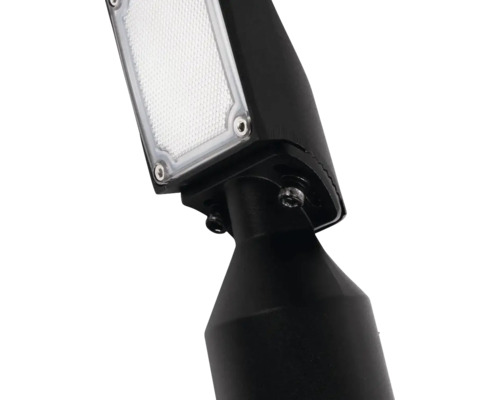 Proiector LED de exterior cu carcasă neagră, articulație reglabilă și sticlă structurată.