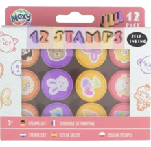 Set de 12 ștampile auto-tușante Moxy cu diverse motive pentru copii de peste trei ani.