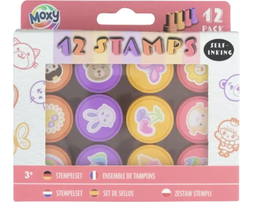 Set de 12 ștampile auto-tușante Moxy cu diverse motive pentru copii de peste trei ani.