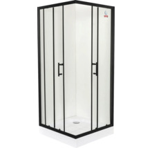 Cabină de duș pe colț cu cadru negru, sticlă transparentă, două uși glisante și cădiță de duș albă