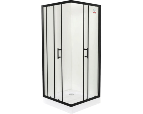 Cabină de duș pe colț cu cadru negru, sticlă transparentă, două uși glisante și cădiță de duș albă