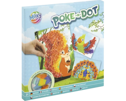 Set de creație Moxy Poke-a-Dot pentru copii de la 3 ani, include suport de spumă, creion și materiale textile pentru decorarea imaginilor cu animale.