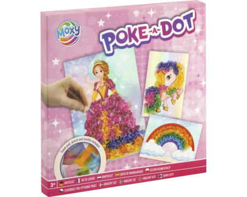 Set creativ Moxy Poke-A-Dot pentru copii de la 3 ani cu motive de prințesă unicorn și curcubeu inclusiv suport de spumă și textile
