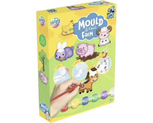 Set creativ Moxy Mould and Paint Farm pentru realizarea de magneți cu tematică de fermă pentru copii