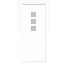 Ușă de intrare albă cu trei inserții de sticlă pătrate dispuse vertical.