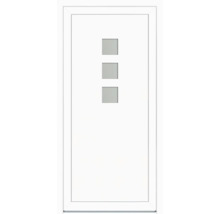 Ușă de intrare albă cu trei ochiuri de geam pătrate dispuse vertical și toc asortat.