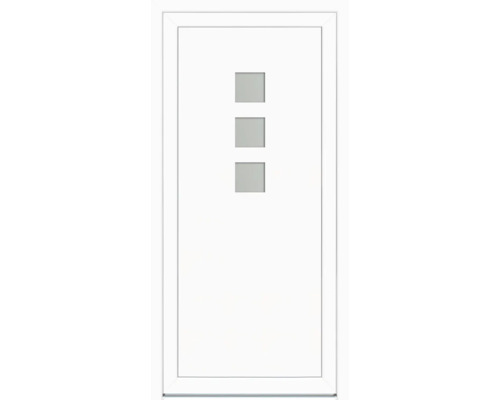 Ușă de intrare albă cu trei ochiuri de geam pătrate dispuse vertical și toc asortat.