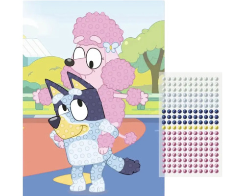 Set Diamond Painting Bluey pentru copii cu personajele Bluey și Coco și o foaie cu pietricele colorate.