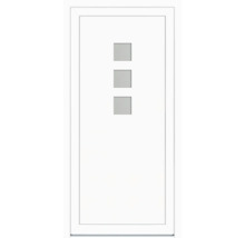 Ușă de intrare secundară din PVC alb cu trei decupaje de lumină pătrate în aranjament vertical.