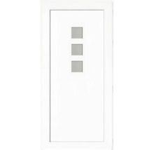 Ușă albă de serviciu cu trei inserții pătrate din sticlă dispuse vertical.