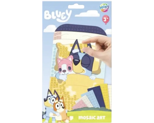 Set de artă mozaic Bluey cu șablon și pătrate autoadezive pentru copii de la trei ani.