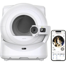 Litieră albă autonettoyantă pentru pisici PETKIT cu cameră integrată și smartphone cu aplicație de control.
