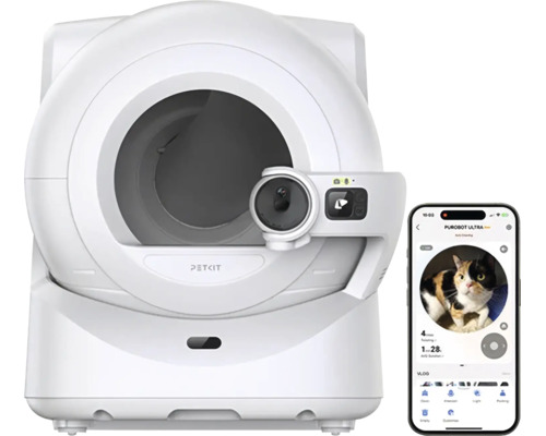 Litieră albă autonettoyantă pentru pisici PETKIT cu cameră integrată și smartphone cu aplicație de control.