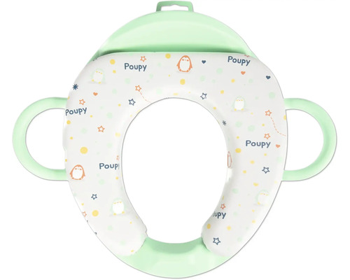 Reductor WC verde deschis, căptușit, pentru copii, cu mânere și model cu pinguini și stele de la Poupy.