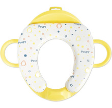 Reductor de toaletă moale pentru copii Poupy cu mânere laterale și model cu pinguini.