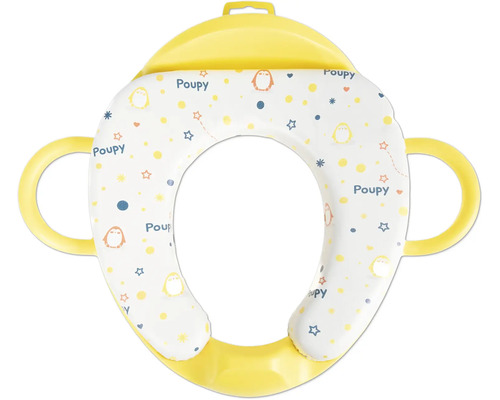 Reductor de toaletă moale pentru copii Poupy cu mânere laterale și model cu pinguini.