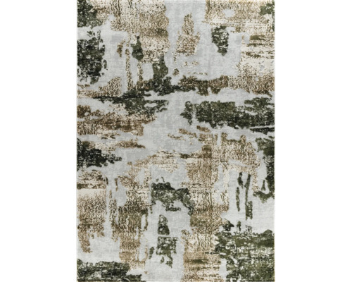 Covor abstract modern cu model cu aspect uzat în nuanțe de verde, maro și gri.