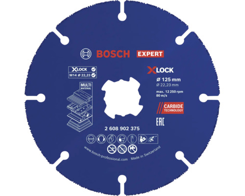 Disc de tăiere Bosch Expert Multi Material cu sistem de prindere X Lock, diametru 125 milimetri, pentru polizoare unghiulare, tehnologie carbură.